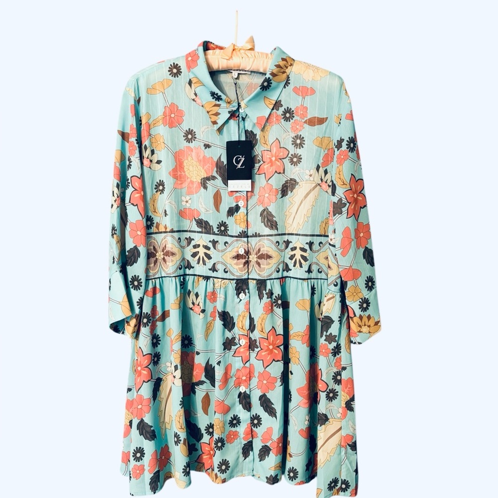 CEZELE Teal Floral Mini Dress New With Tags Large Turquoise